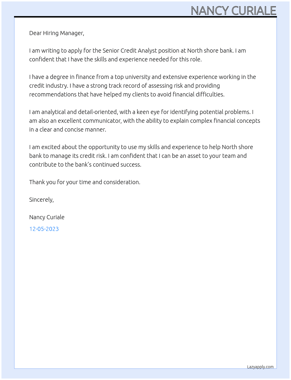Senior Credit Analyst At North shore bank Cover Letter