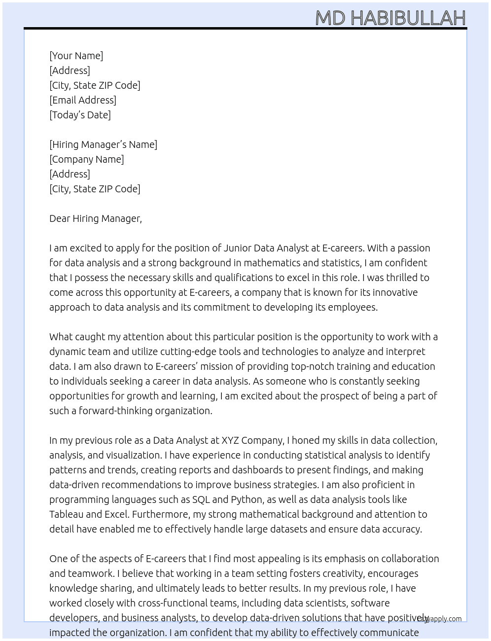 Junior Data Analyst At E-careers Cover Letter