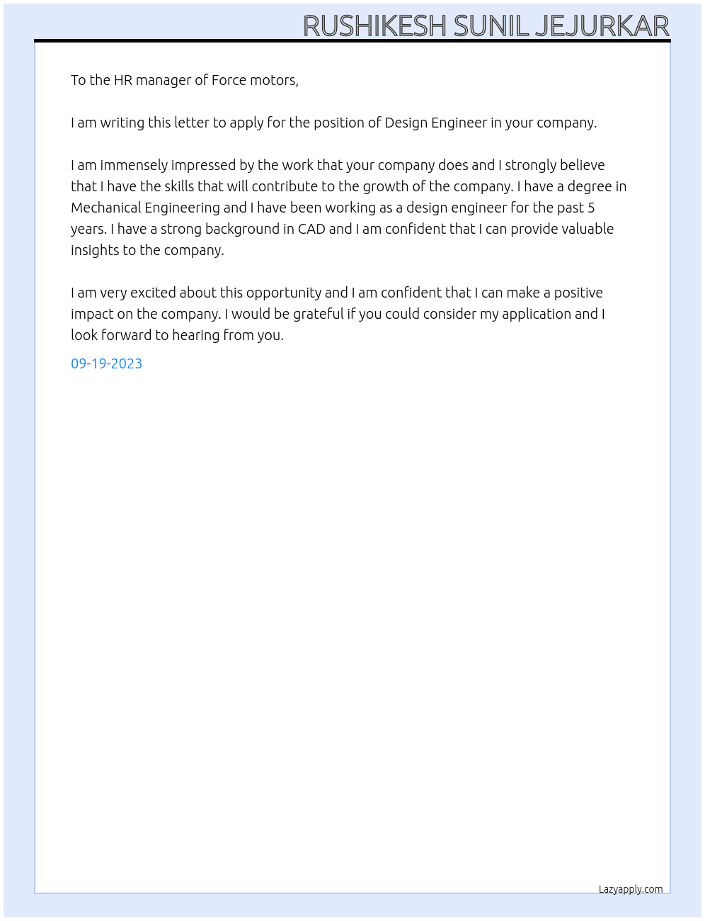 Design Engineer  At Force motors  Cover Letter