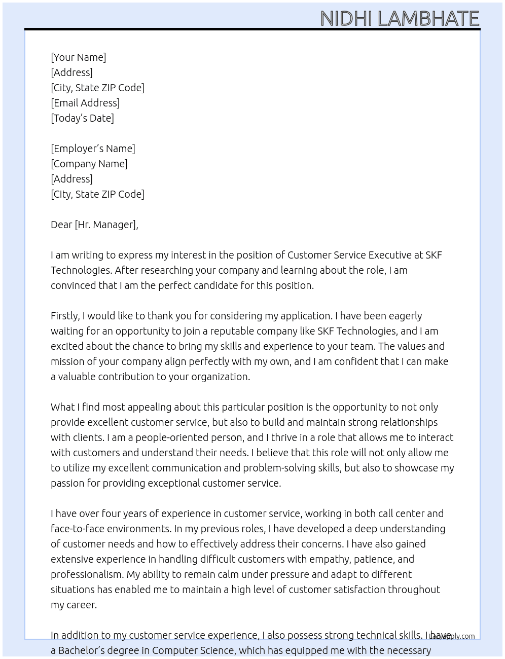 Customer Service Executive At SKF Technologies Cover Letter