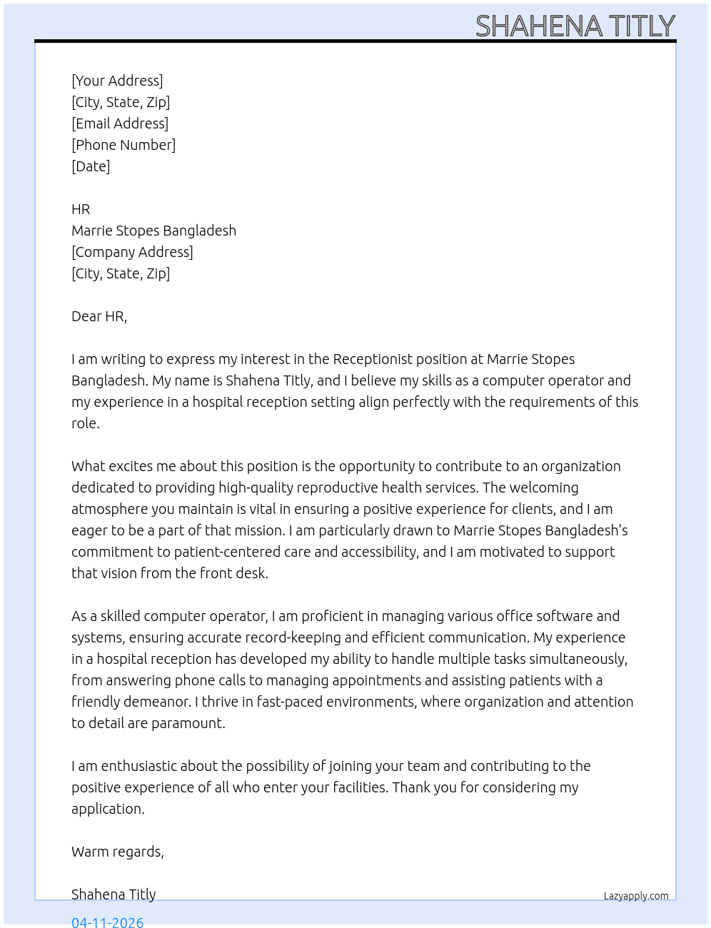 Receptionist At Marrie Stopes Bangladesh Cover Letter
