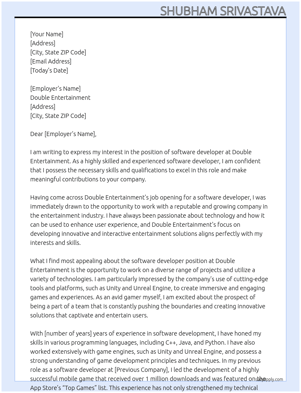 software developper At Double Entertainment Cover Letter