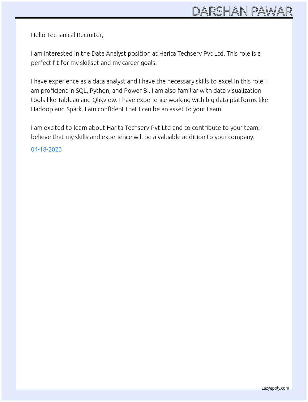 Data Analyst At Harita Techserv Pvt Ltd Cover Letter