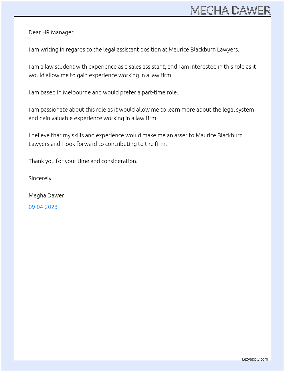 legal assistant At Maurice Blackburn Lawuers Cover Letter