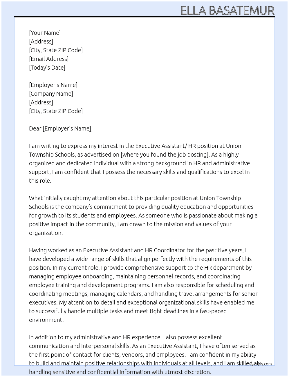 Executive Assistant/ HR  At Union Township Schools Cover Letter