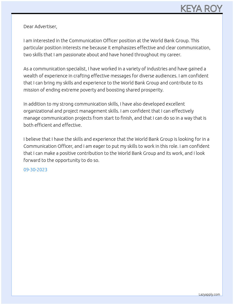Communication Officer At world bank group Cover Letter