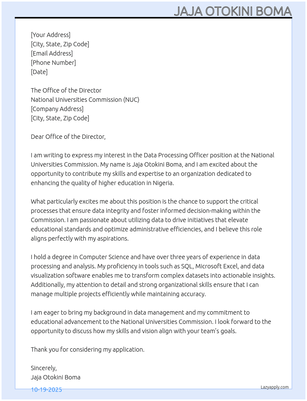 Cover letter for data processing officer - LazyApply