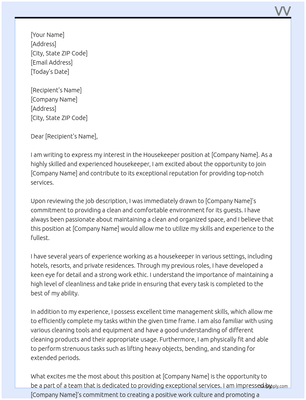 housekeeper At jj Cover Letter