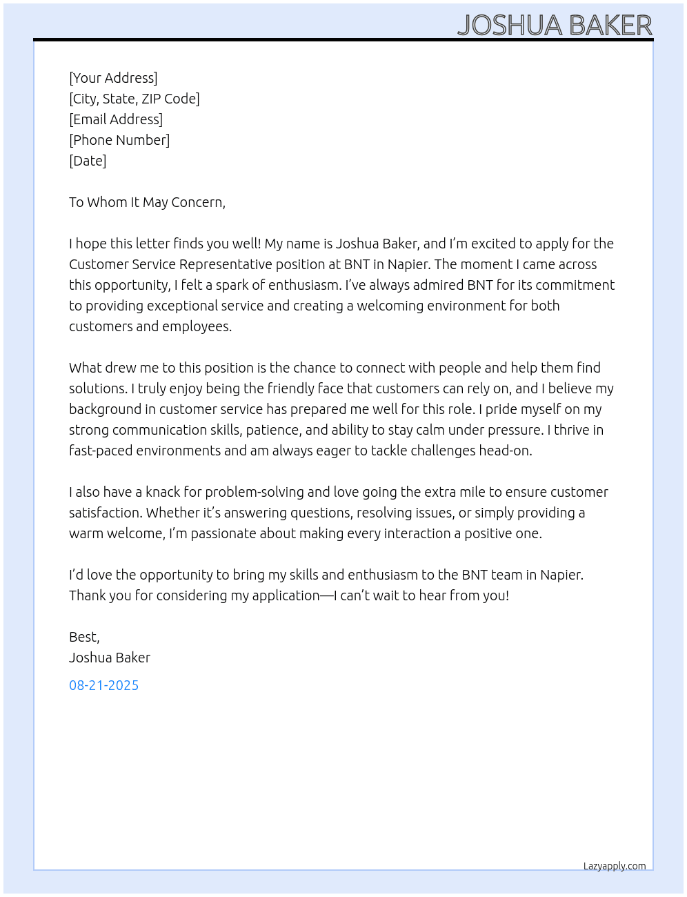 Cover letter for customer service representative napier - LazyApply