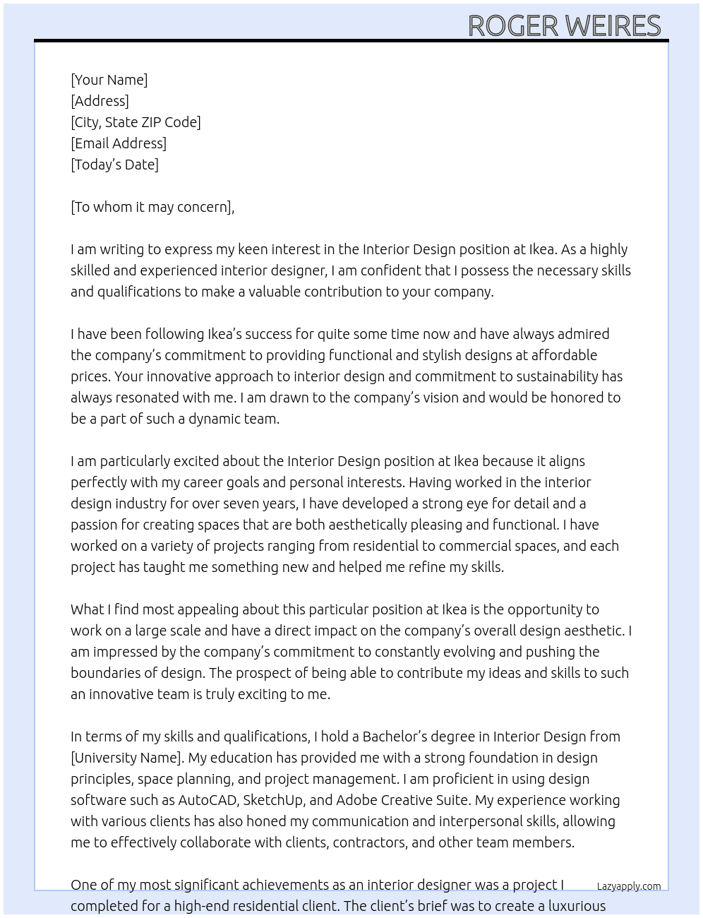 Interior design  At Ikea Cover Letter