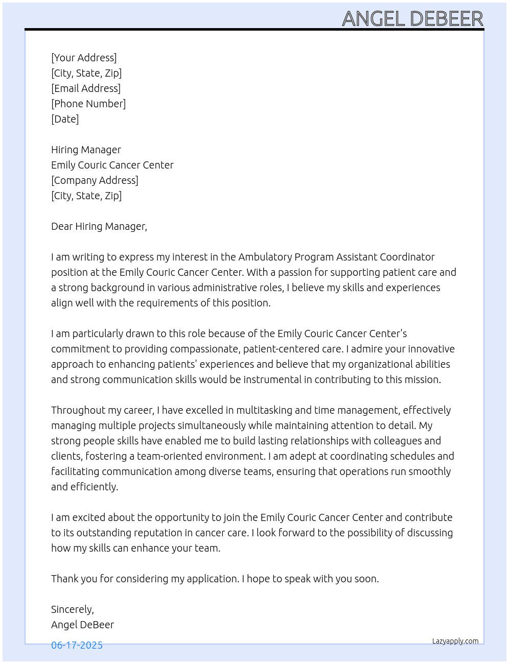 Ambulatory Program Assistant Coordinator At Emily Couric Cancer Center Cover Letter