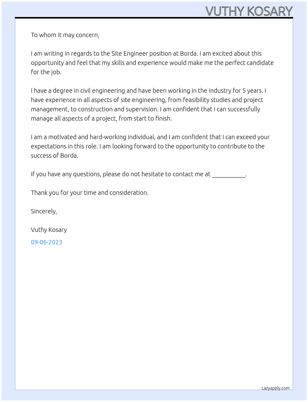 Site Engineer At Borda Cover Letter