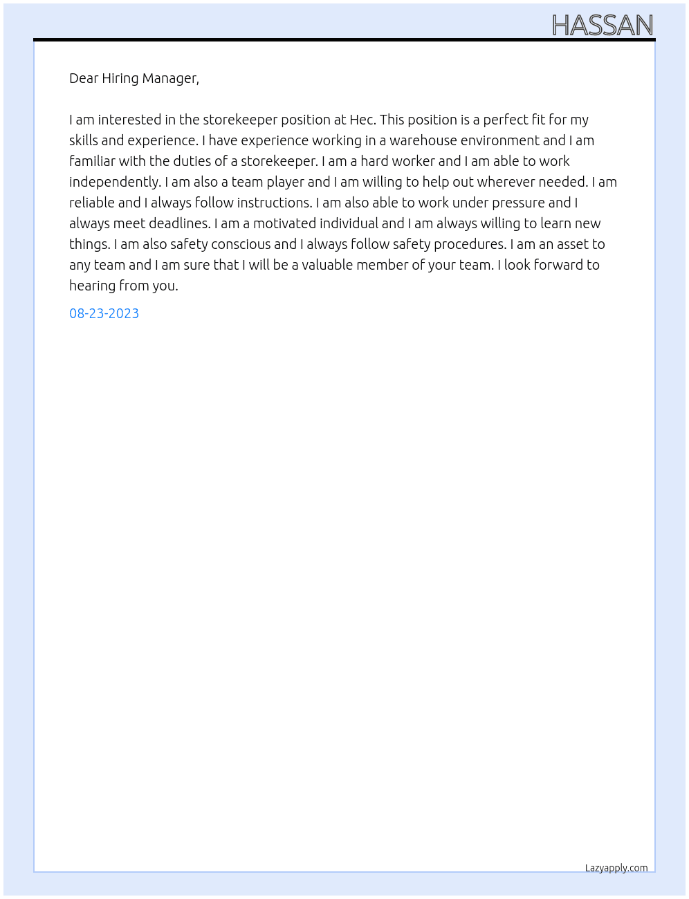 Storekeeper  At Hec Cover Letter