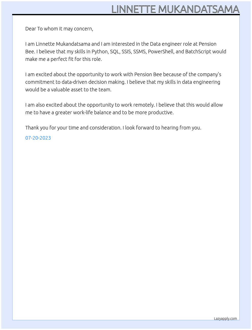Data engineer  At Pension Bee Cover Letter