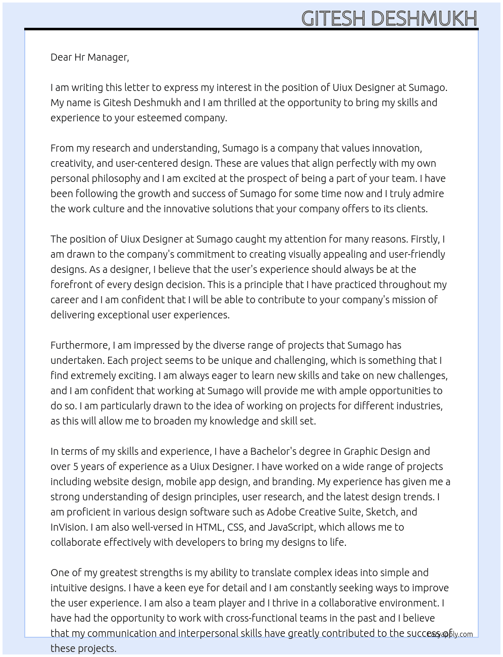 Uiux Designer At Sumago Cover Letter