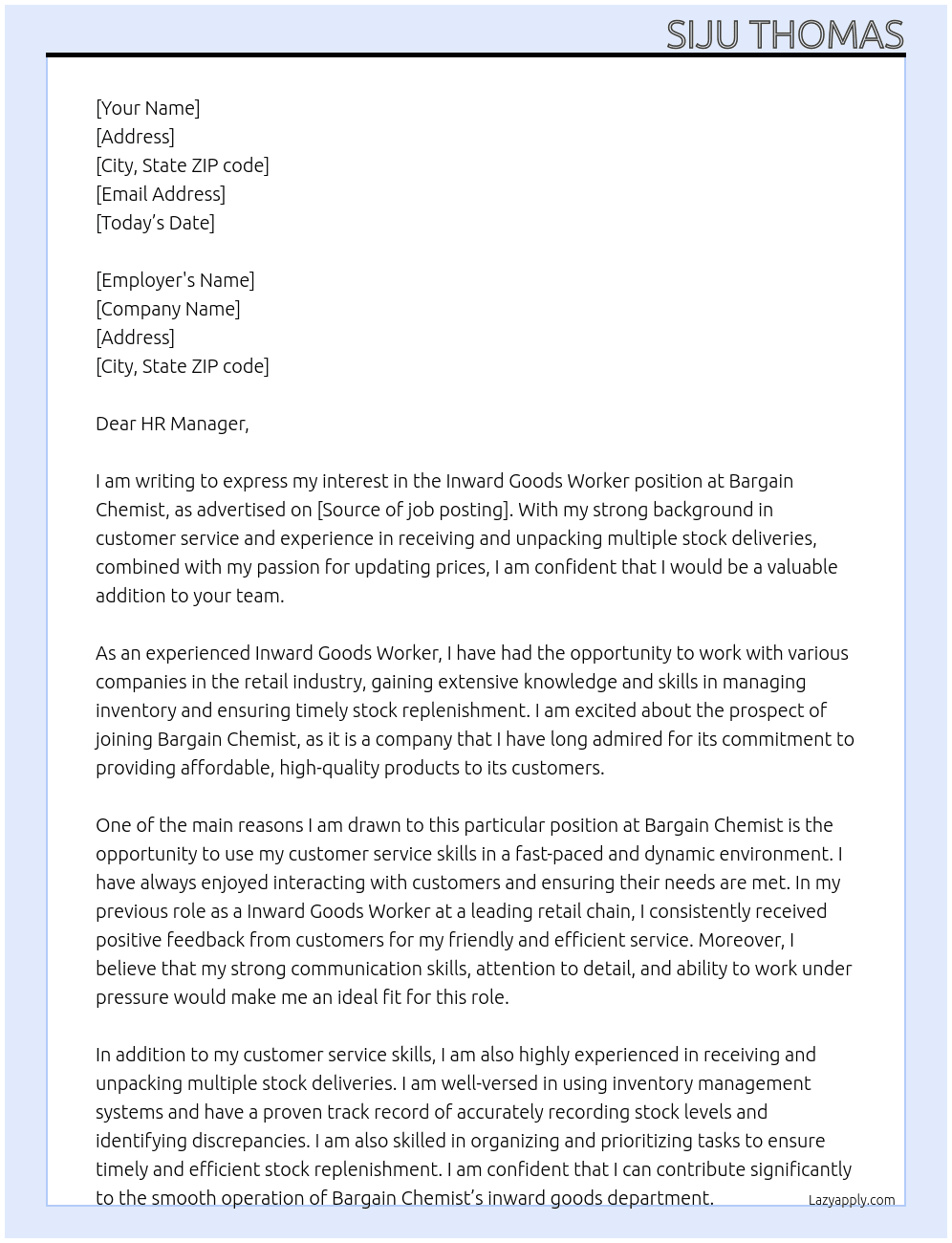 Inward Goods Worker At Bargain Chemist Cover Letter