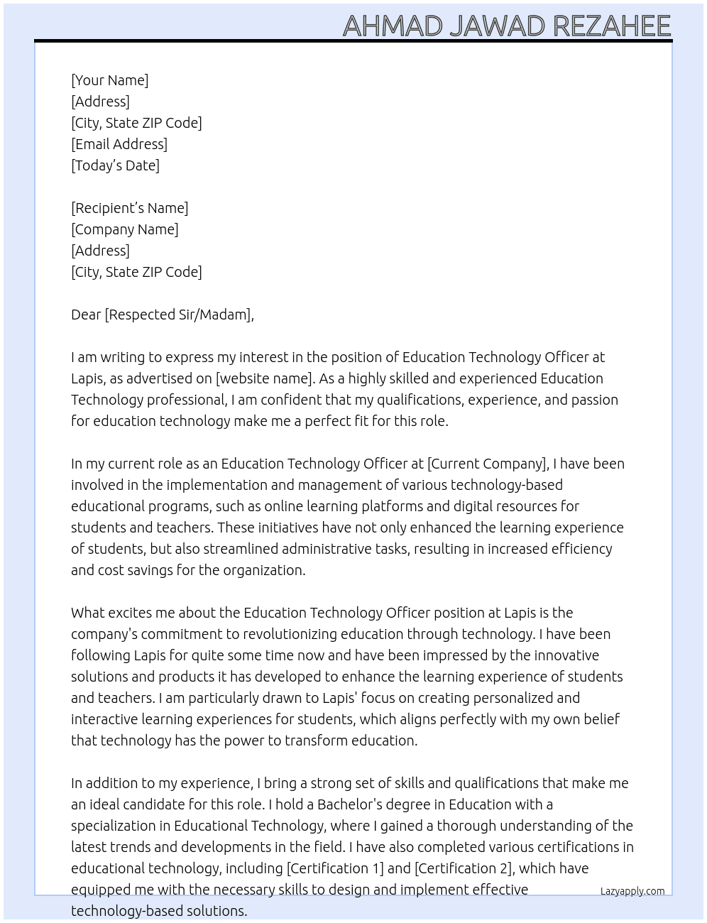 Eduction Technology Officier  At Lapis Cover Letter