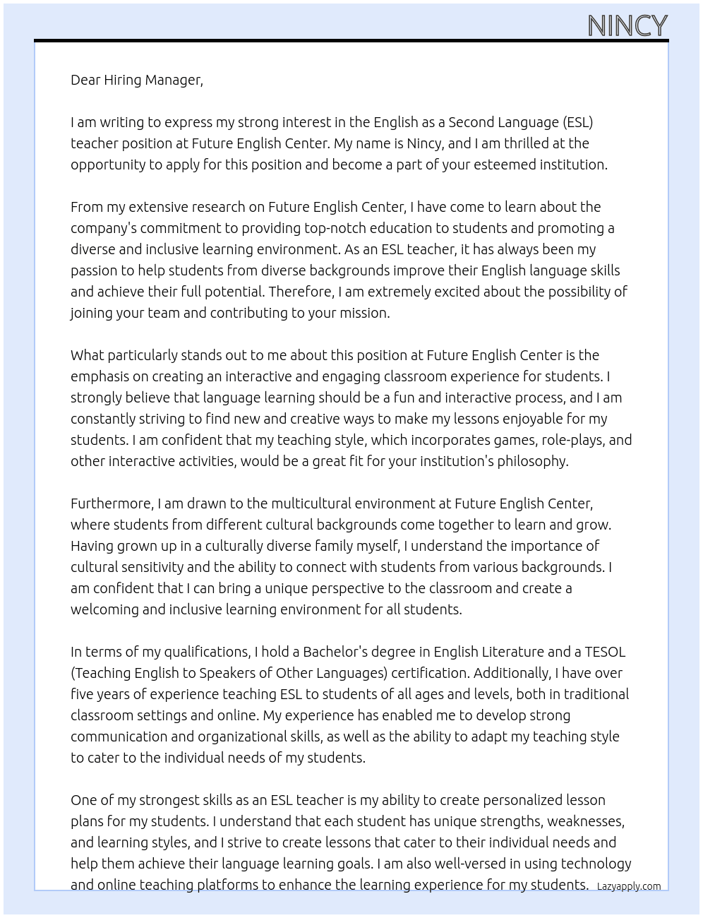 English as a second Language techer At Future english center Cover Letter