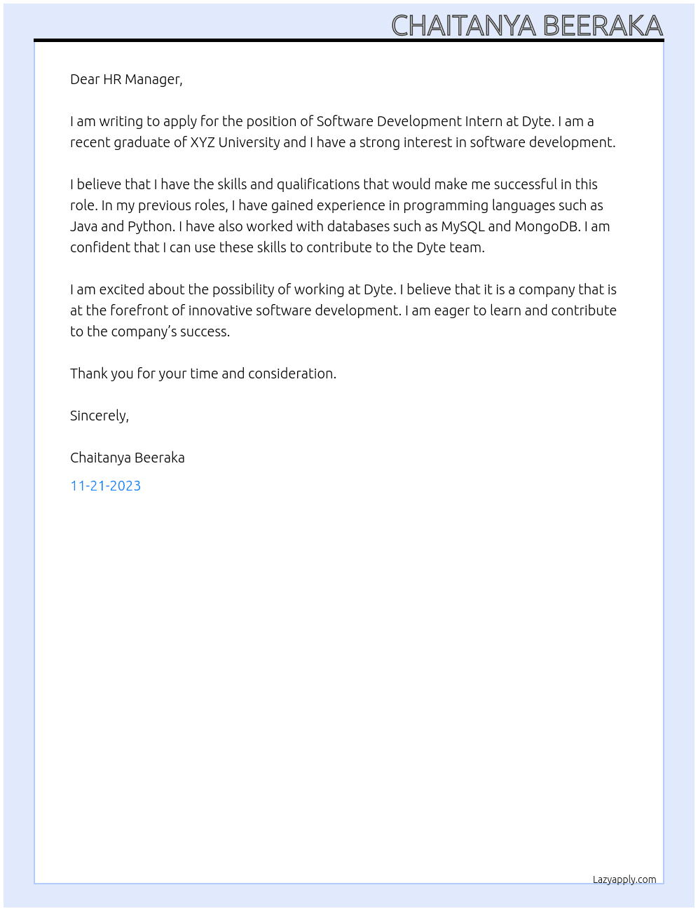 Software development intern At Dyte Cover Letter