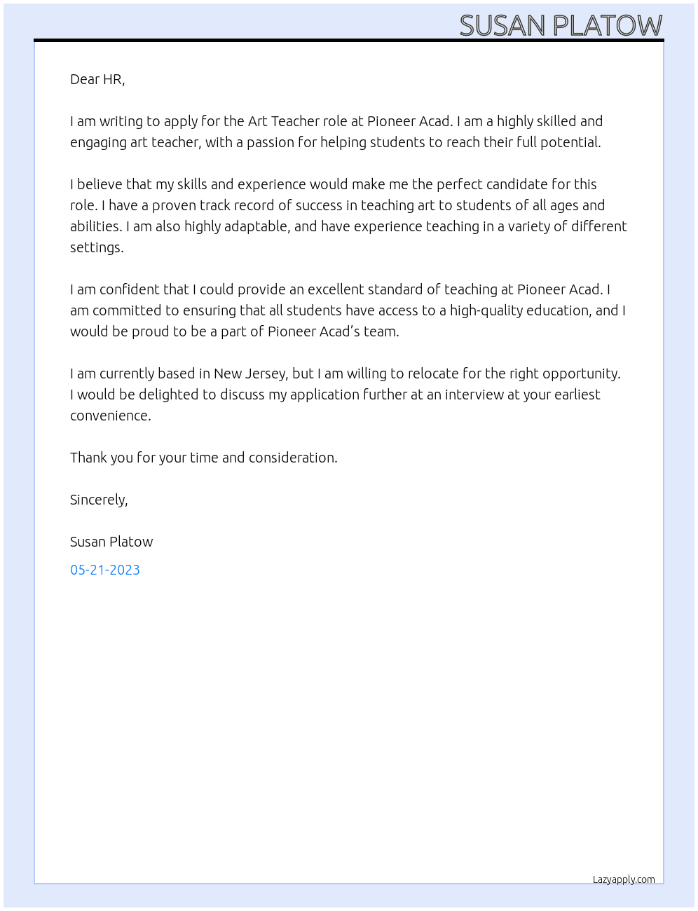 Art Teacher At Pioneer acad Cover Letter