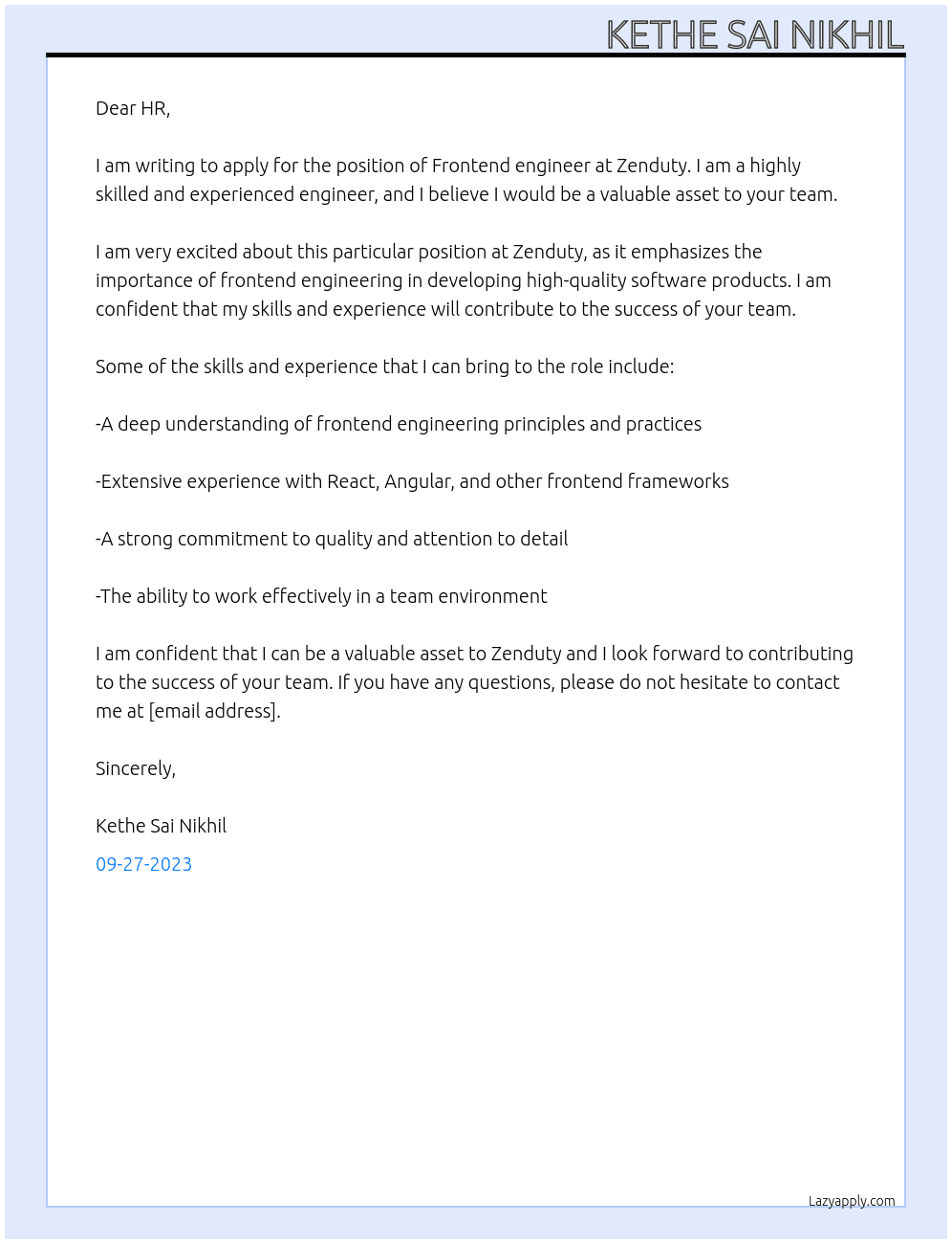 Frontend engineer  At Zenduty Cover Letter