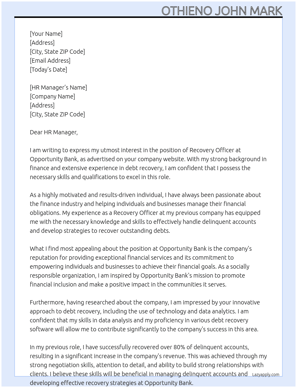 Recovery Officers At Opportunity Bank Cover Letter