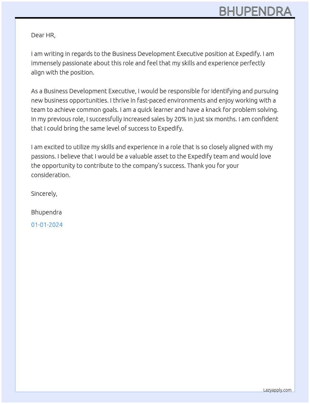 Business Development Executive  At Expedify Cover Letter