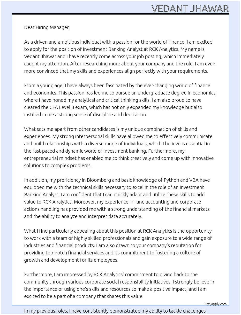 Investment Banking Analyst At RCK Analytics Cover Letter