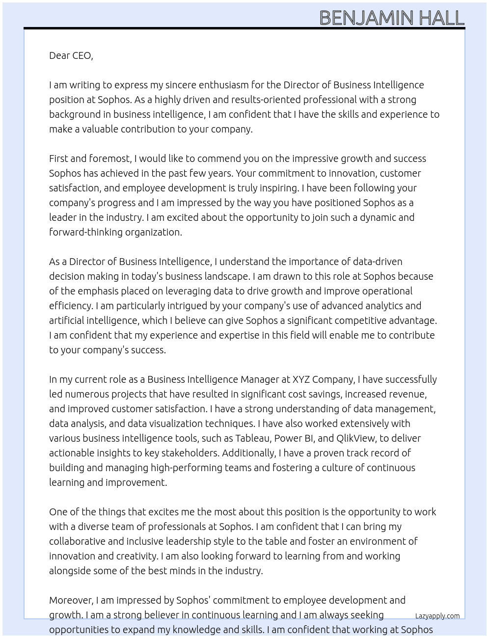Director of Business Intelligence At Sophos Cover Letter