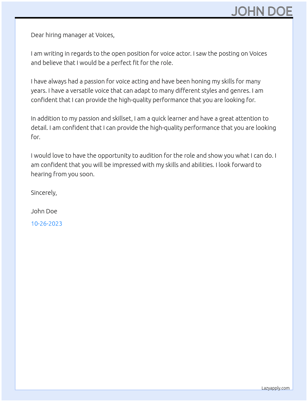 Voice actor At Voices Cover Letter
