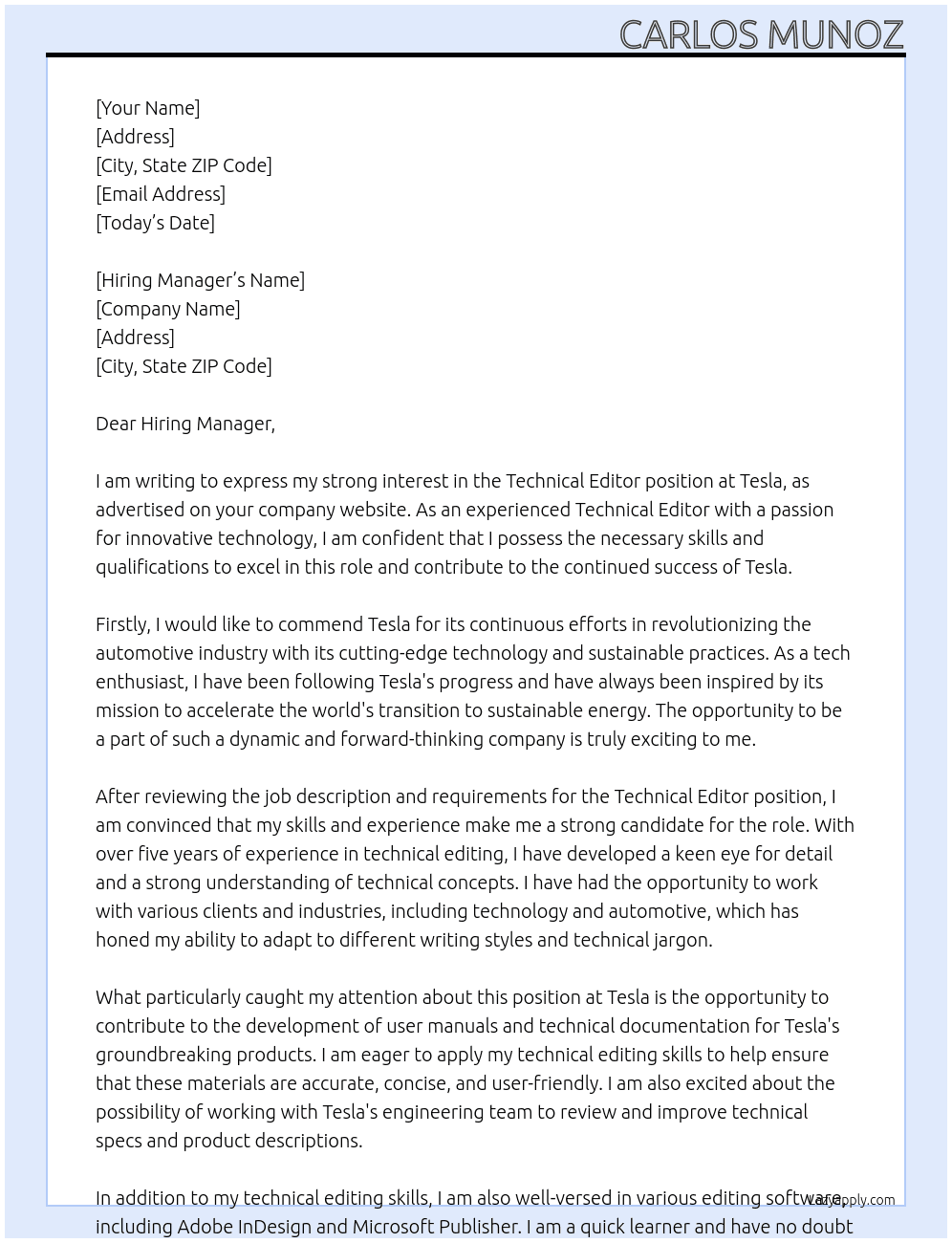 Technical Editor  At Tesla  Cover Letter