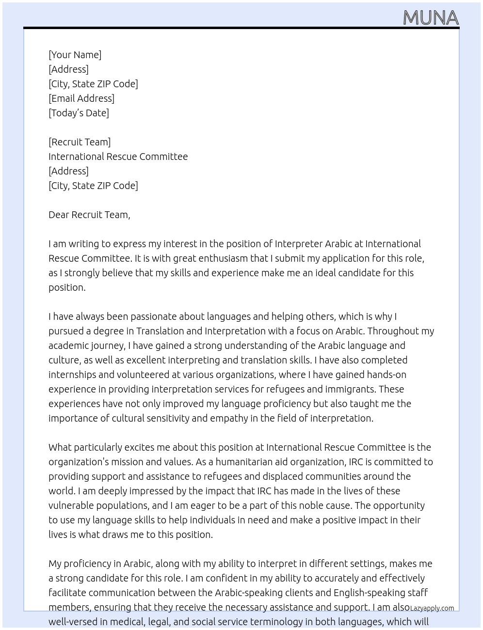 Cover letter for interpreter arabic - LazyApply