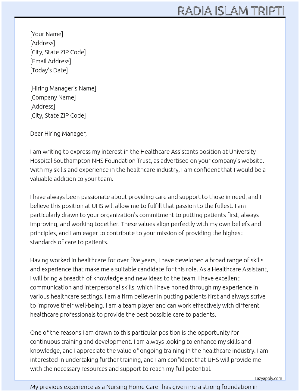  Healthcare Assistants At University Hospital Southampton NHS Foundation Trust Cover Letter