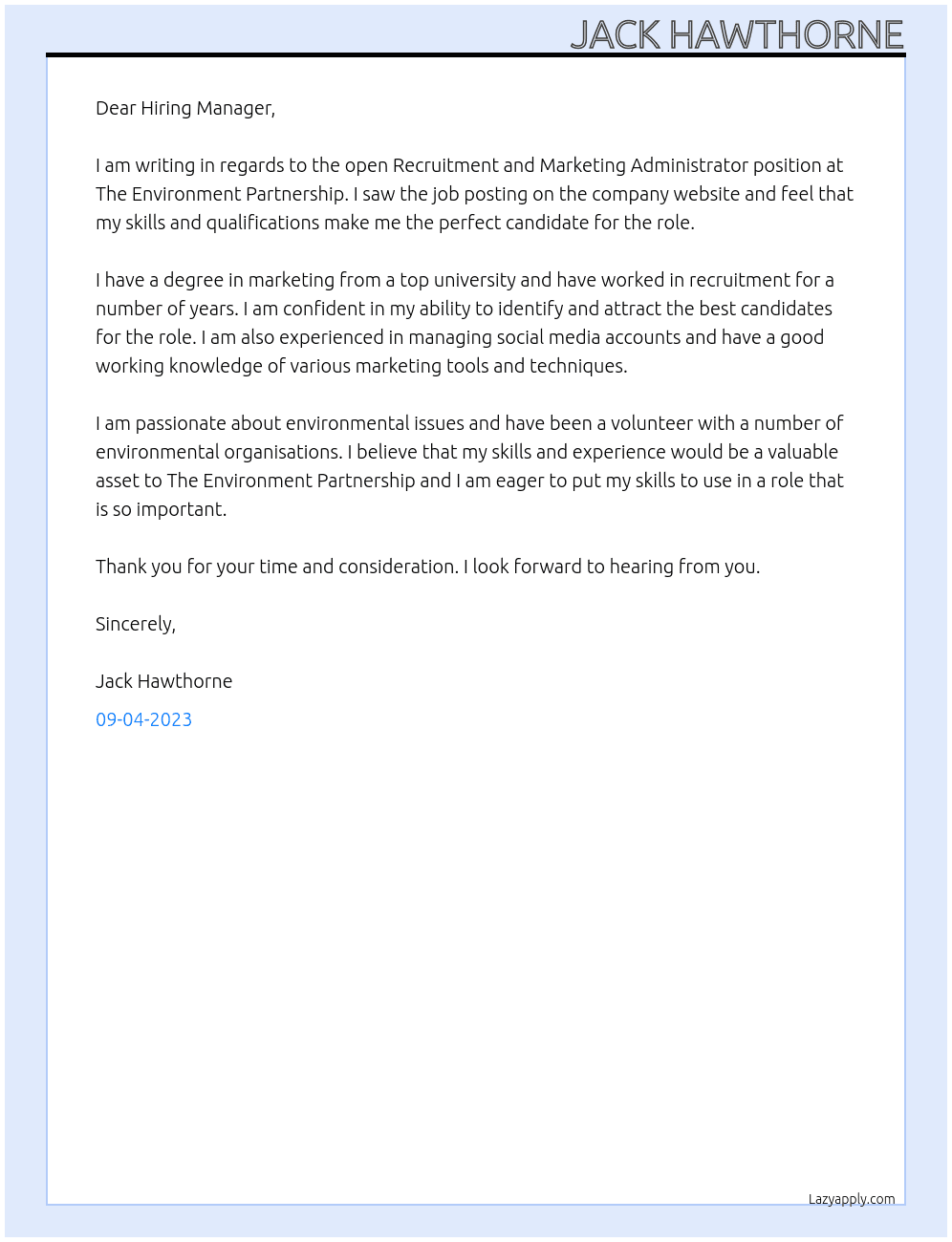 Recruitment and Marketing Administrator At The Environment Partnership Cover Letter