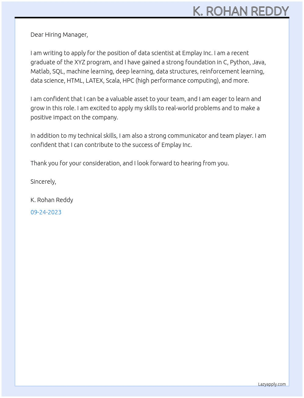 data scientist  At Emplay Inc. Cover Letter