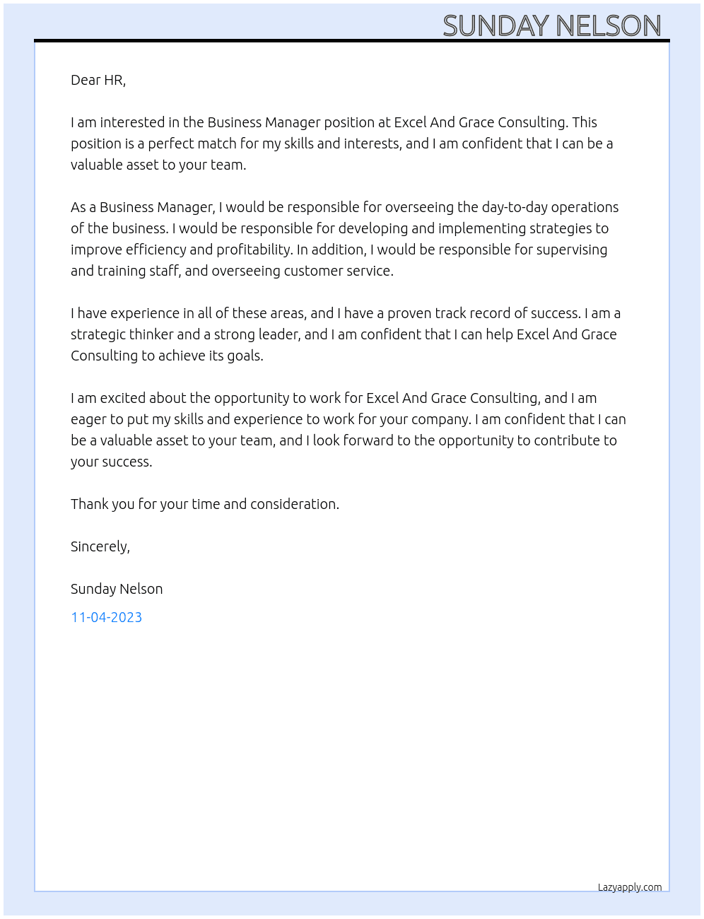 Business manager  At Excel And Grace consulting  Cover Letter