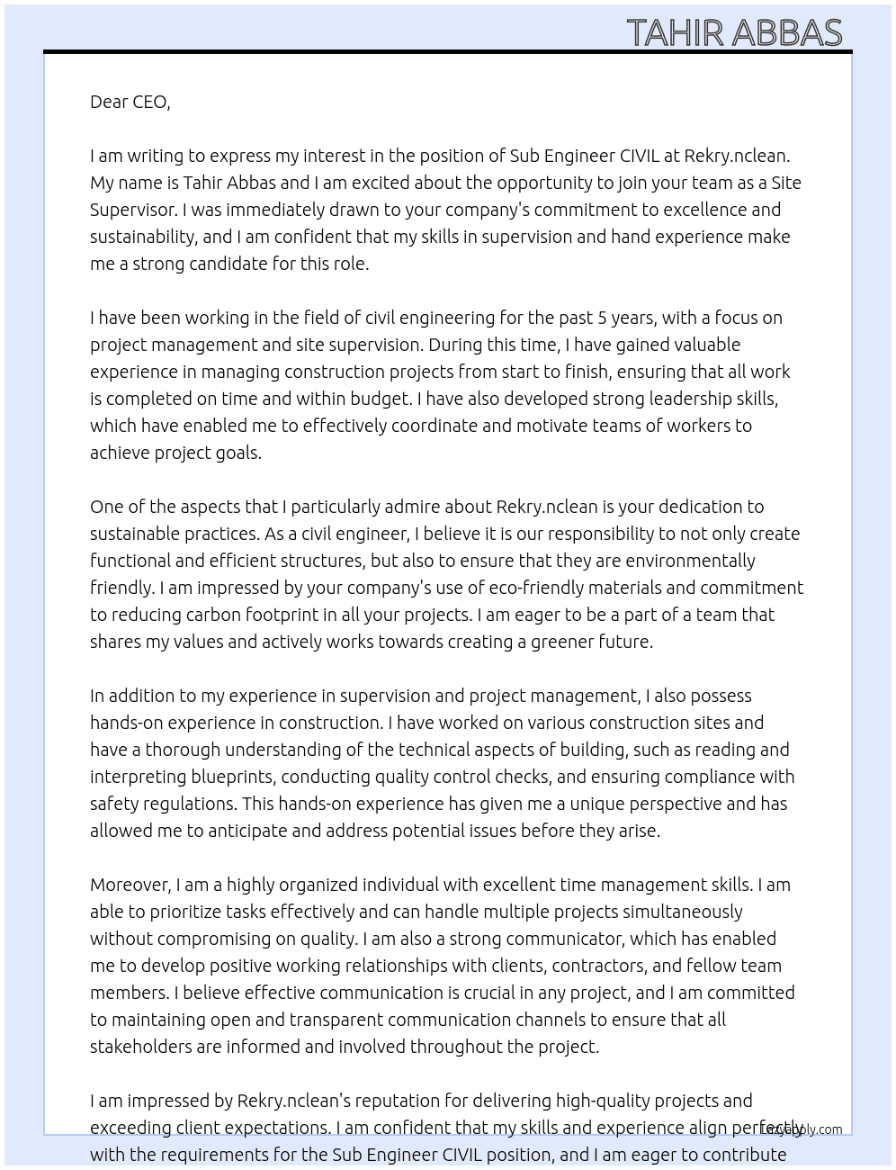 Sub Engineer CIVIL  At Rekry.nclean Cover Letter