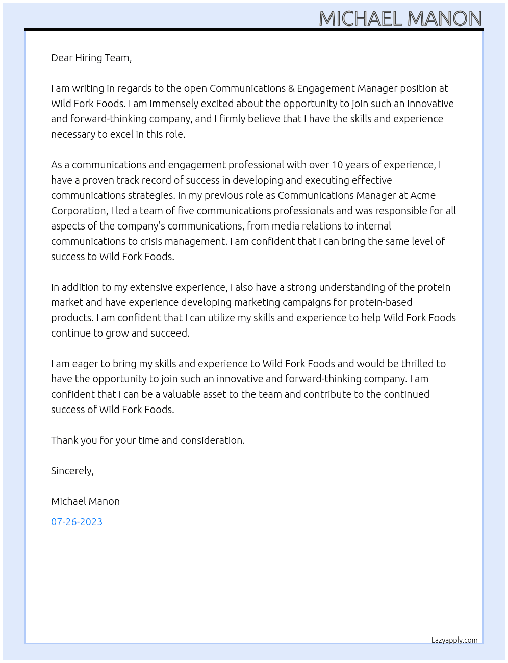 COMMUNICATIONS & ENGAGEMENT MANAGER At Wild Fork Foods Cover Letter