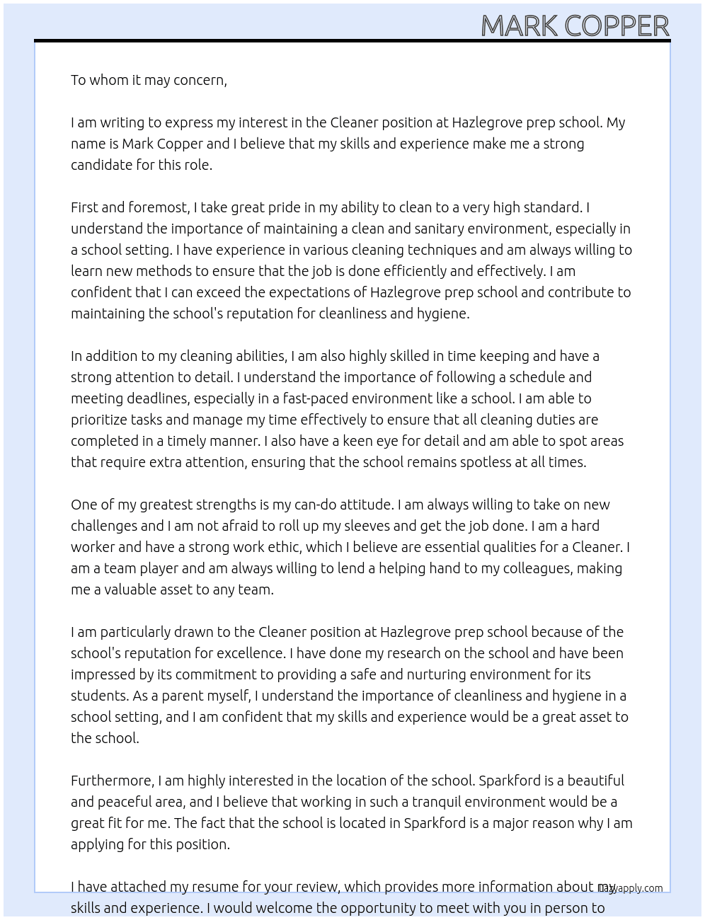 Cleaner At Hazlegrove prep school Cover Letter