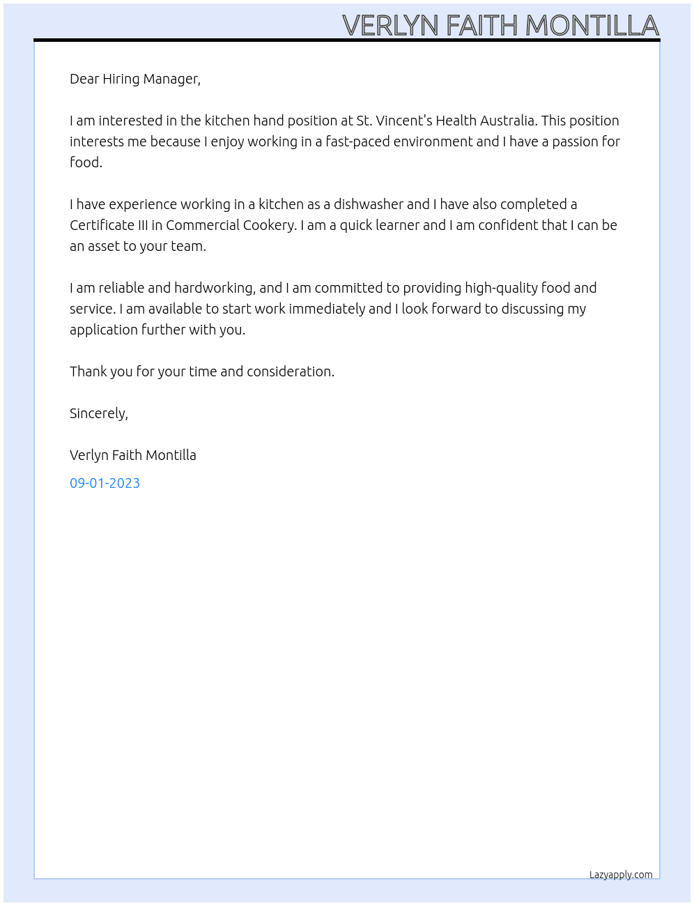 Kitchen Hand At St. Vincent's Health Australia Cover Letter