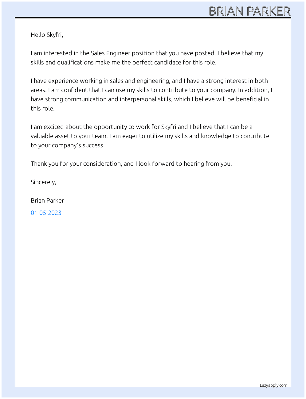 Sales Engineer  At Skyfri Cover Letter