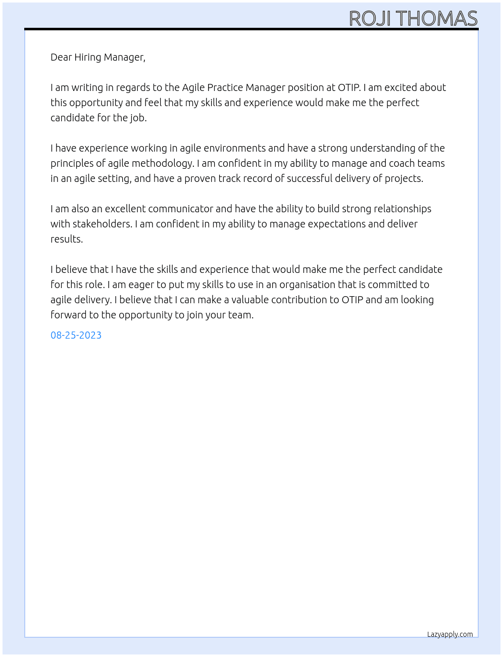Agile practice manager At OTIP Cover Letter