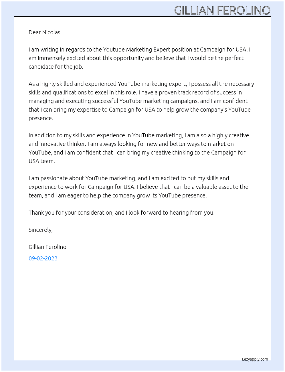 Youtube Marketing expert At Campaign for USA Cover Letter