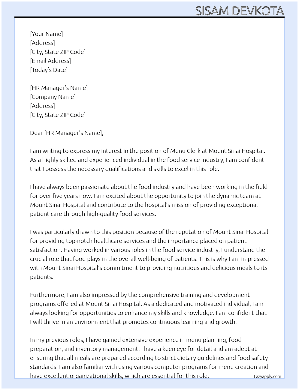menu clerk At mount sinai hospital Cover Letter