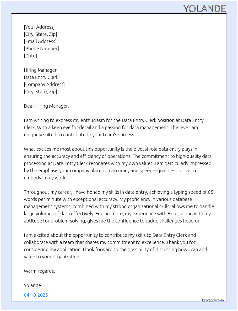 Data Entry Clerk At Data Entry Clerk Cover Letter