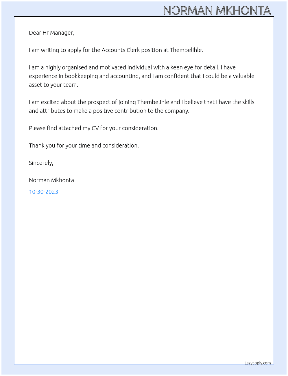 Accounts Clerk At Thembelihle Cover Letter