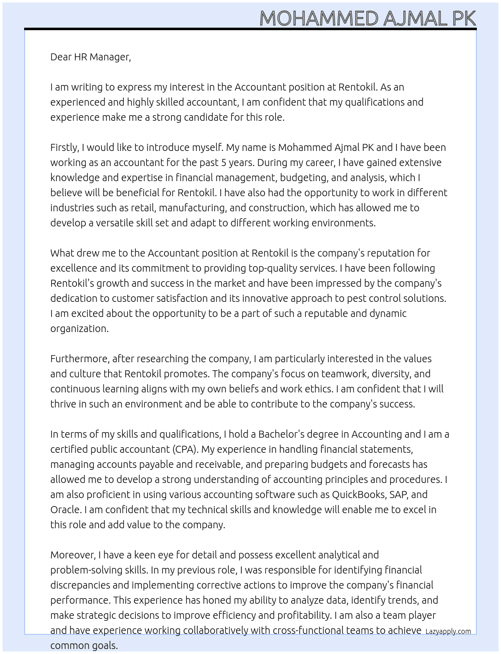ACCOUNTANT At Rentokil Cover Letter
