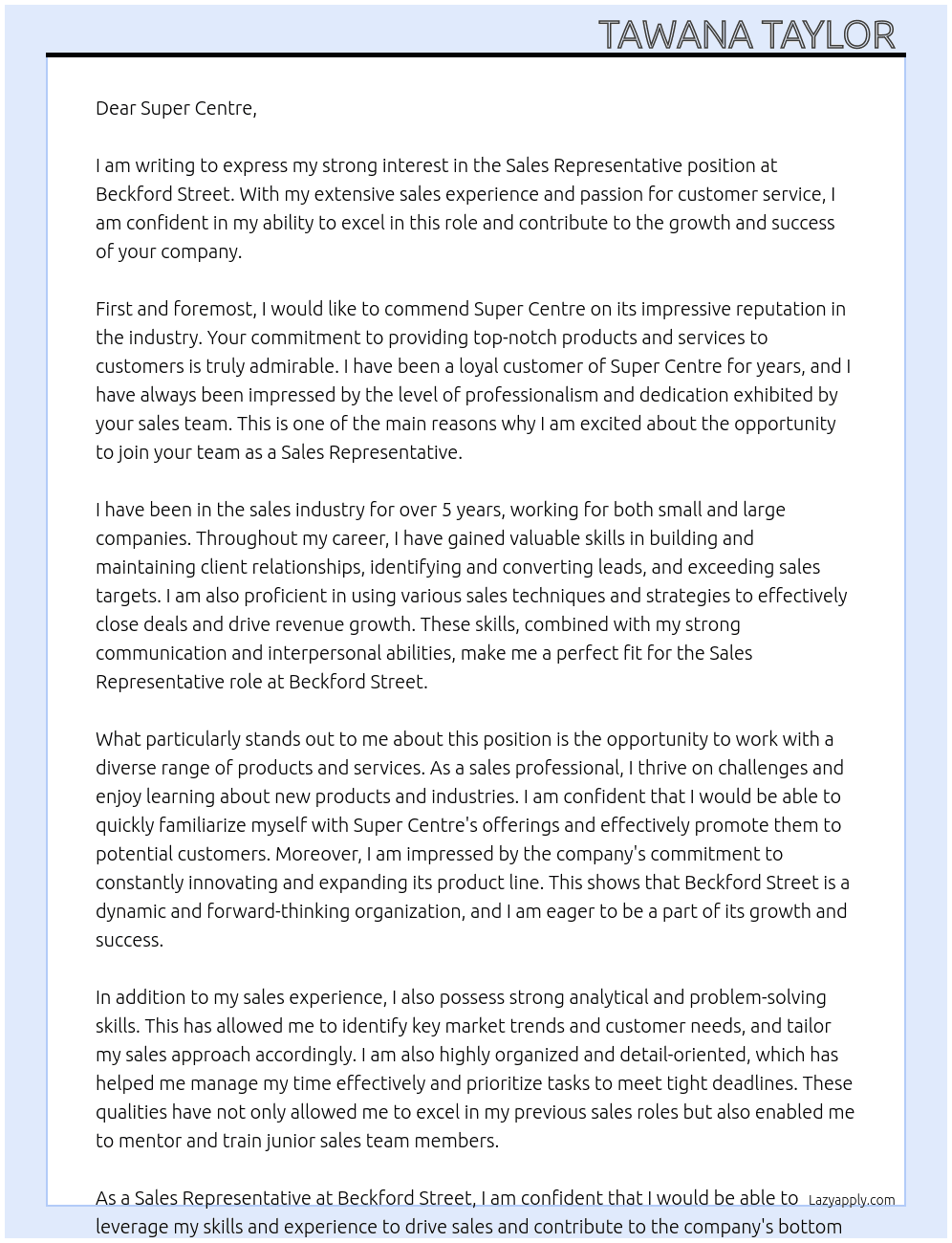 sales Representative  At Beckford Street  Cover Letter