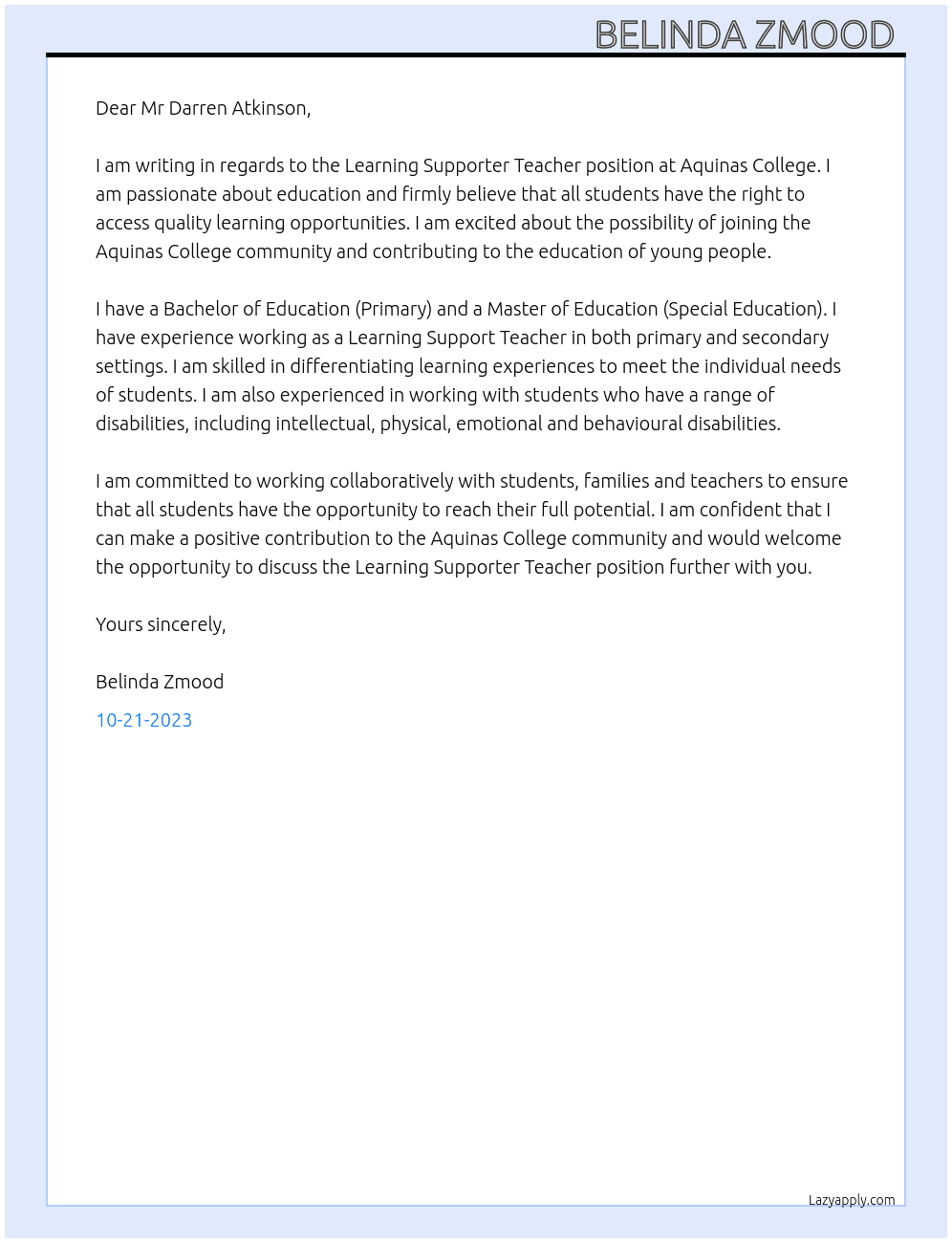 Learning Supporter Teacher  At Aquinas College  Cover Letter