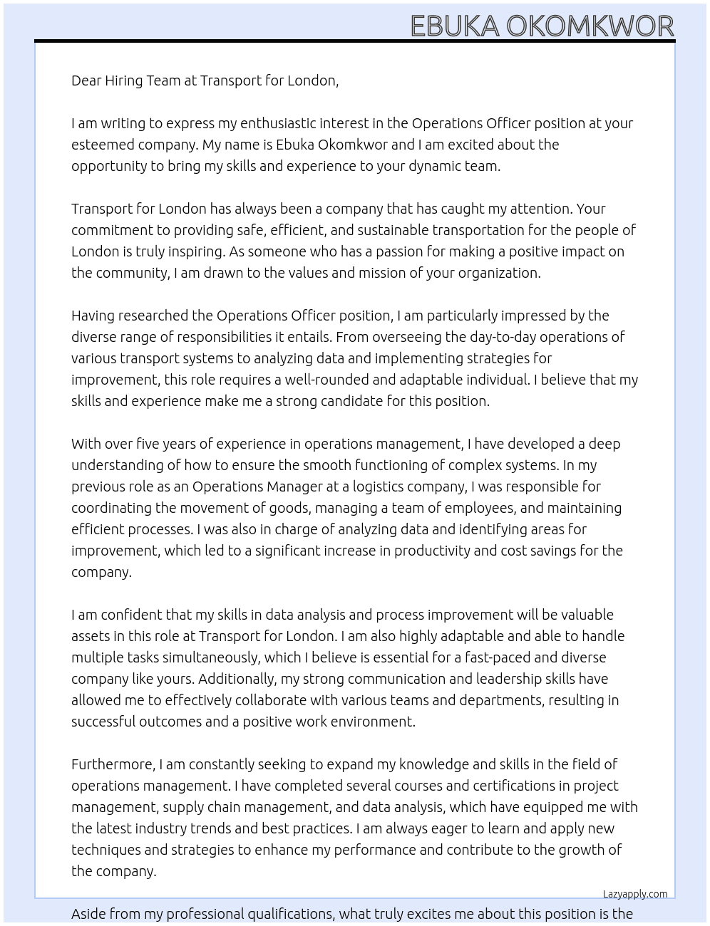 Operations officer  At Transport for London  Cover Letter